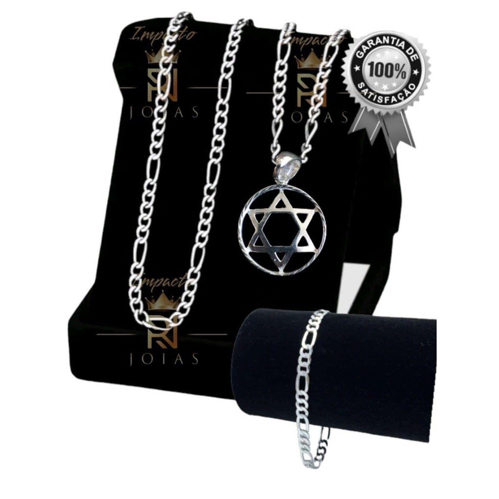 Kit Corrente e Pulseira masculino c\ Pingente Estrela Davi Corrente Banhada a Prata 925 + pulseira 003 003