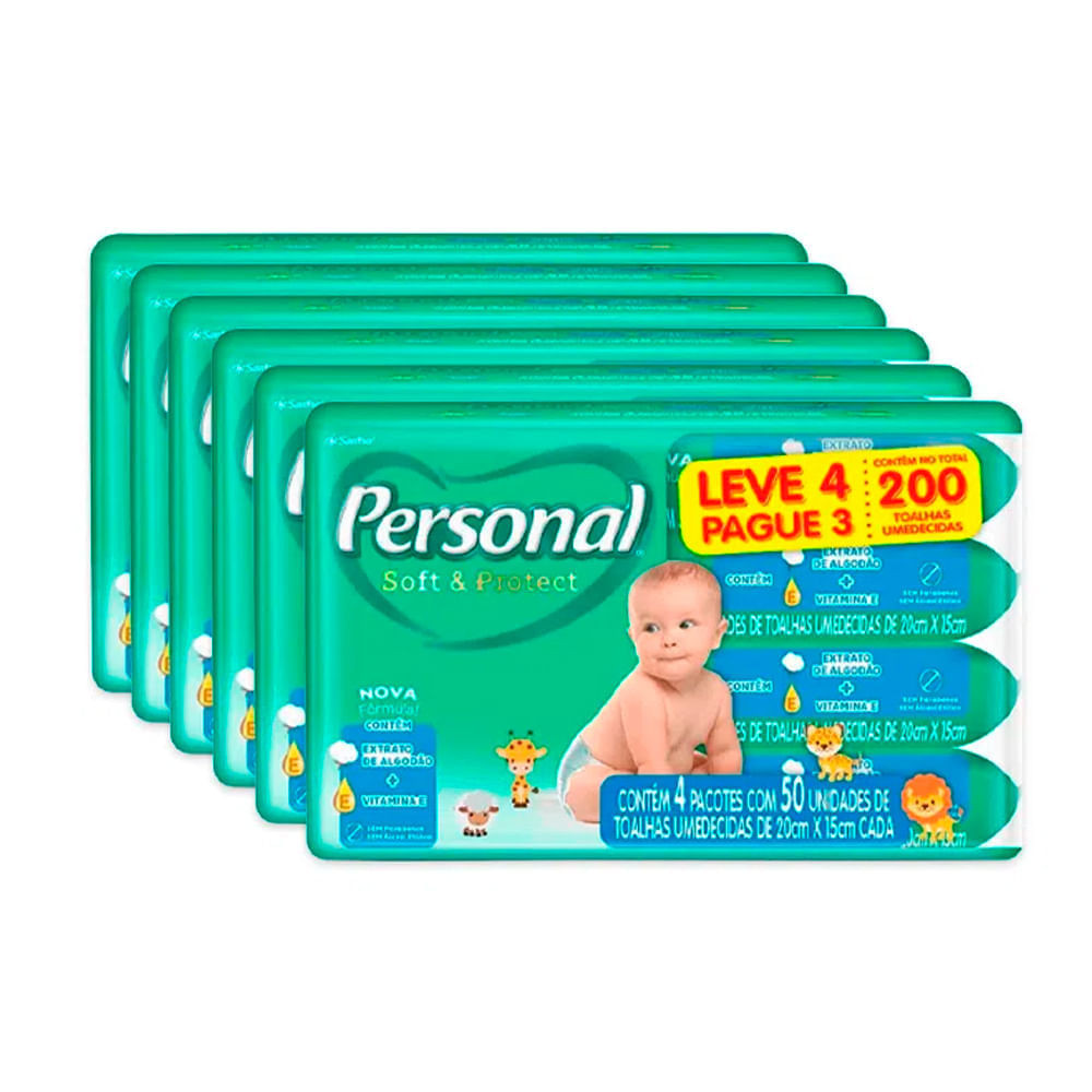 Kit 6 Toalha Umedecida Personal Soft e Protect Leve 4 Pague 3 - 1200 Unidades - Mom & Baby