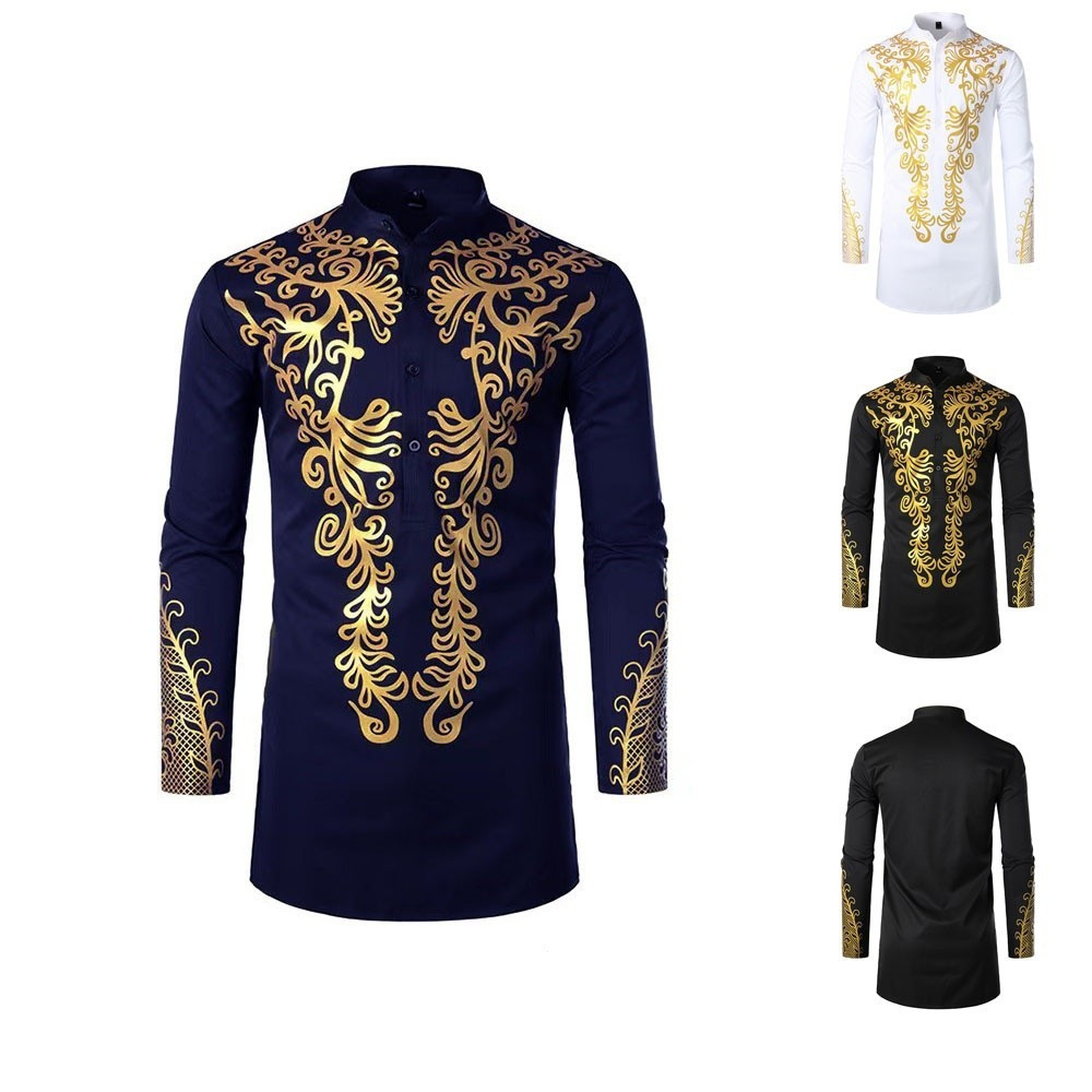 Camisa árabe kaftan dos homens ouro impresso moda muçulmana casual manga longa estilo africano manto indiano