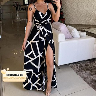 (KOL‘s pick) Lovito Vestido Boho Geométrico com Frente Dividida para Mulheres LNL73075 em Oferta na Shopee