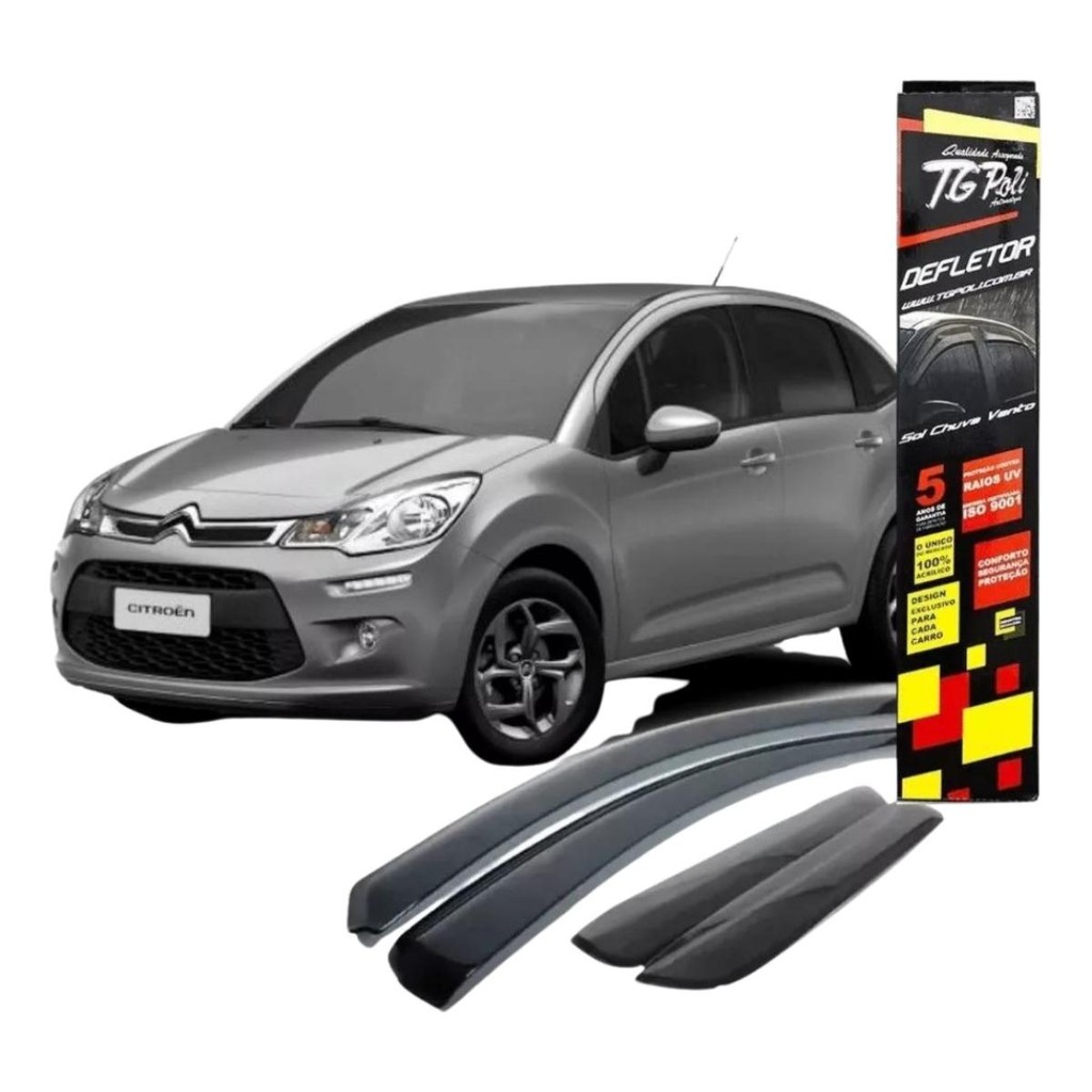 Calha de Chuva Citroen C3 2003 a 2012 4 Portas TG Poli Defletor Portas Protetor Janelas Fumê