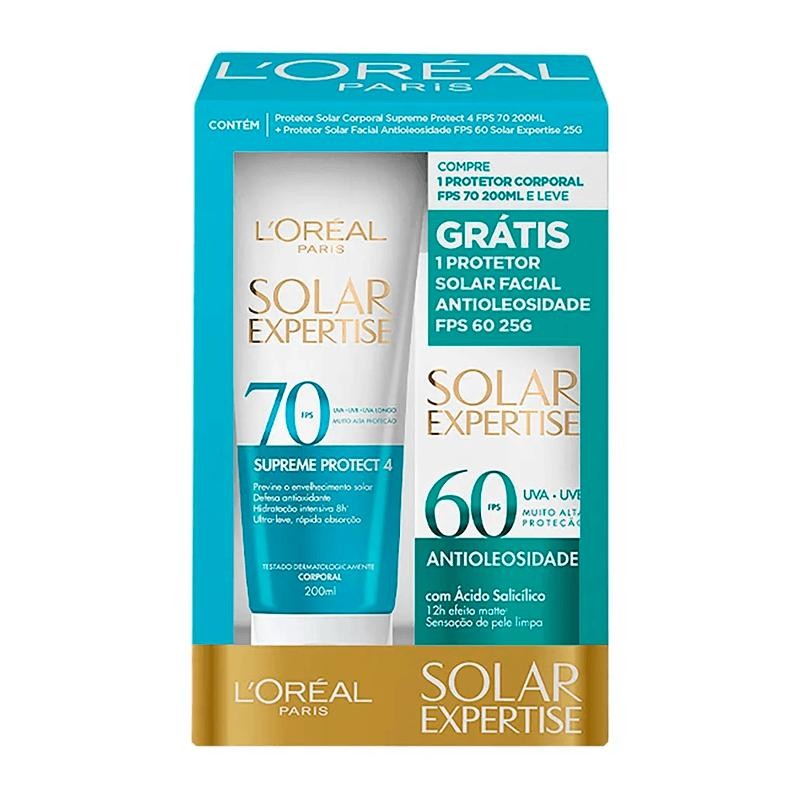 Kit Protetor Solar L'Oréal Paris Expertise Supreme Protect4 FPS70 200ml + Protetor Solar Facial Antioleosidade FPS60 25g