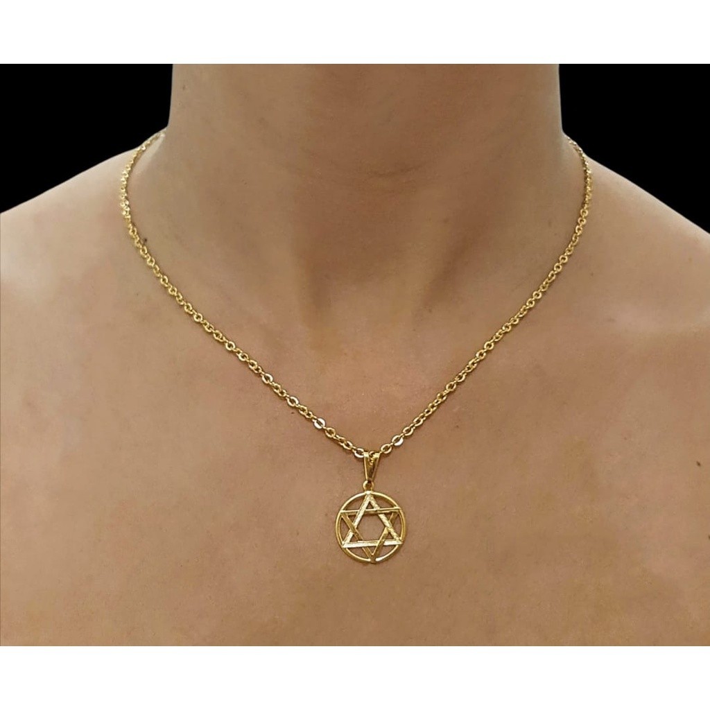Cordão Feminino Dourado Cadeado Com Pingente Estrela de Davi Cordão Feminino Dourado Cadeado Com Pin 004