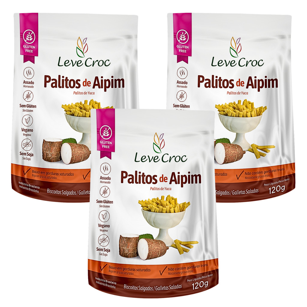 Kit 3 Biscoito Palito Salgado De Aipim 120g - Leve Croc