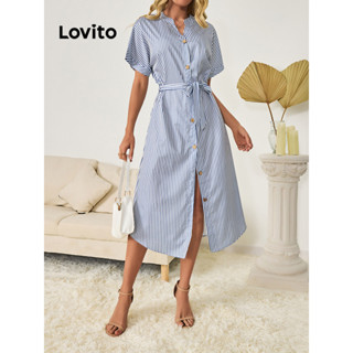 Lovito Casual Vestido Feminino Listrado com Cinto e Fenda Frontal LBL09190