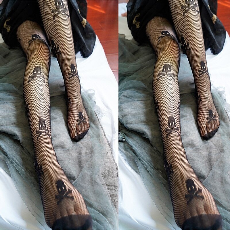 Meias-Calças De Malha Sexy Cabeça Do Crânio Rede De Pesca Impressa Anime Pornografia Longas Femininas
