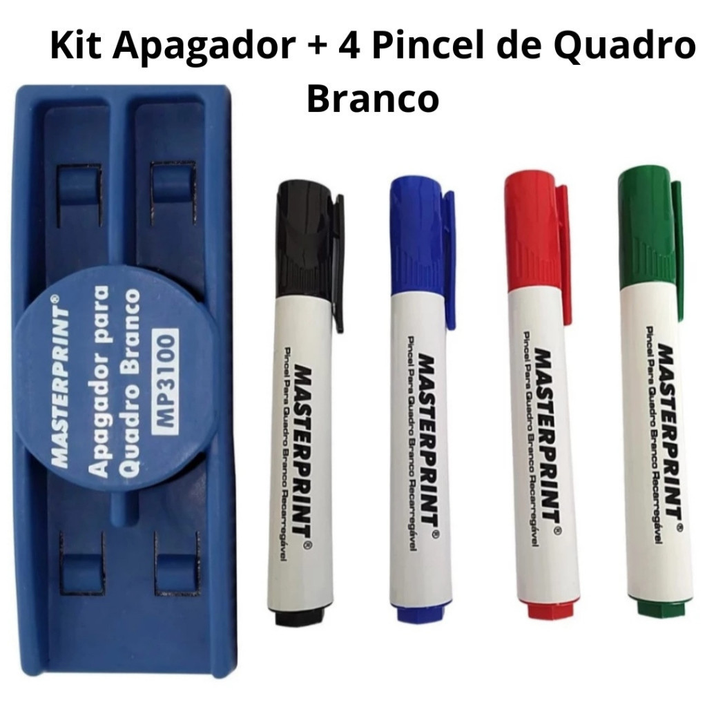Kit 4 Pincel Para Quadro Branco Diversas Cores Recarregável + Apagador Quadro Branco Masterprint em Oferta na Shopee