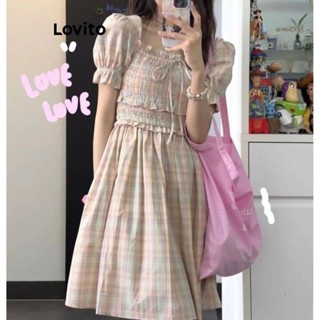 Lovito Vestido casual xadrez com bata de renda para mulheres LNA54106