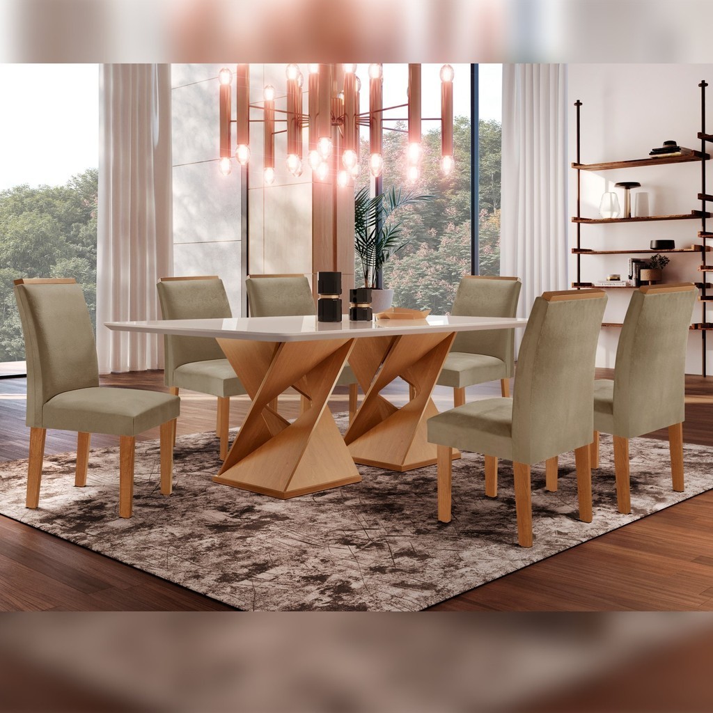 Conjunto Sala de Jantar Genova Tampo Vidro/mdf com 6 Cadeiras Luísa Smart Plus Cinamomo/Off White/Areia