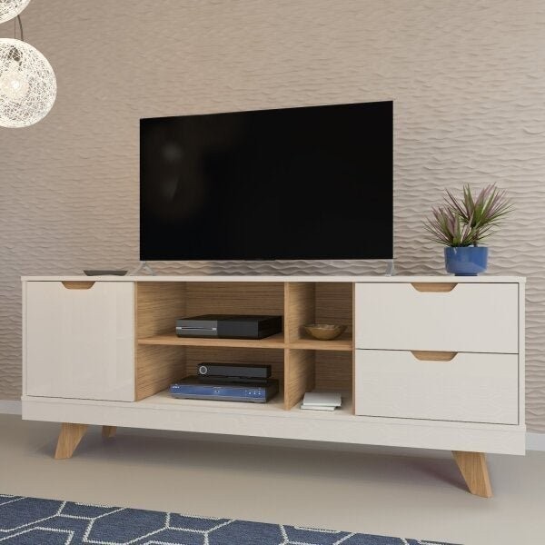 Rack para TV até 60 Polegadas 2 Gavetas Michigan Off White/Carvalho em Oferta na Shopee