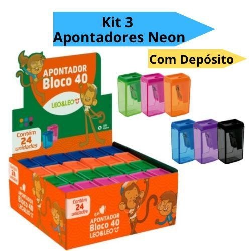 Kit 3 Apontadores Com Depósito Bloco 40  NEON Trend Escolar Escritório Leo&Leo em Oferta na Shopee