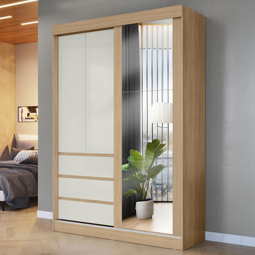 Guarda-Roupa Solteiro Bagda 100% Mdf 3 Portas 3 Gavetas com Espelho Castanho/Off White - Mx Móveis em Oferta na Shopee