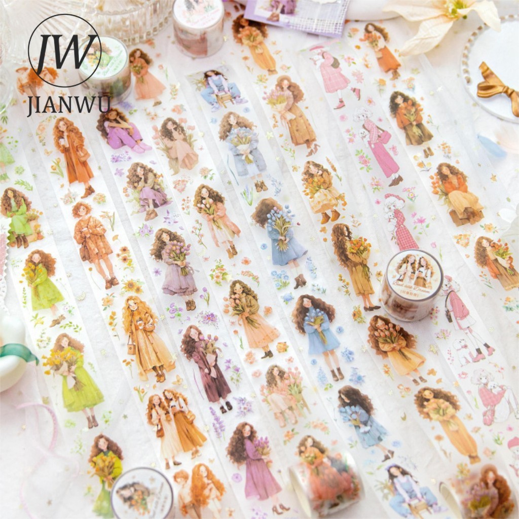 JIANWU 37,5mm * 200cm Fita Adesiva De Papelaria Para Colagem Criativa De Jornal De Bricolagem Kawaii Série Girl Holding Flower Material De Personagem Decor PET