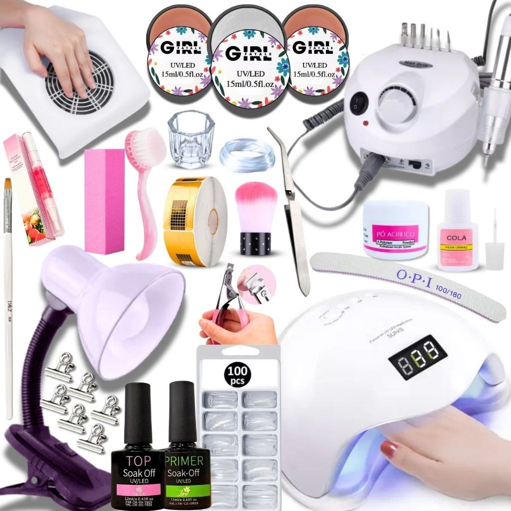 Kit de Alongamento de Unha em Gel Completo Profissional Motor Lixadeira Porquinho Cabine Sun Coletor