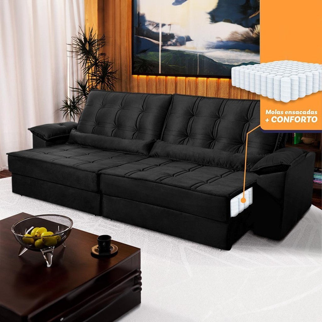 Sofá Retrátil Reclinável 2,30m Ascari Suede Velut Preto molas Ensacadas - King House em Oferta na Shopee