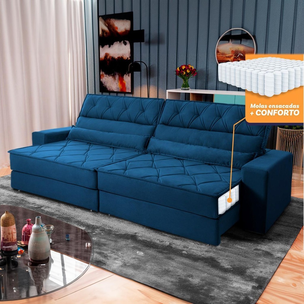 Sofá Retrátil Reclinável 3,00m Albany Suede Velut Azul Marinho Molas Ensacadas - King House em Oferta na Shopee