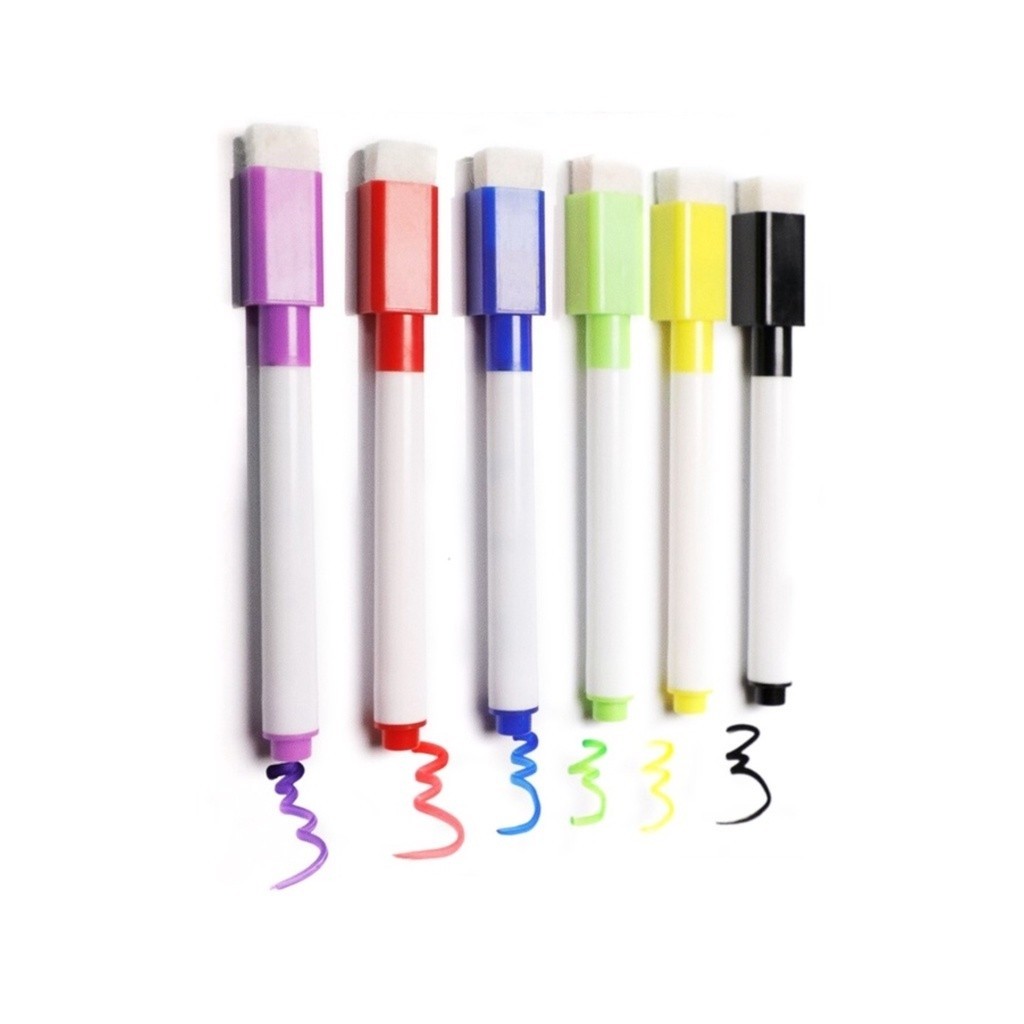 Kit 6 Canetas Coloridas para Quadro Branco C/ Apagador e Imã na Tampa