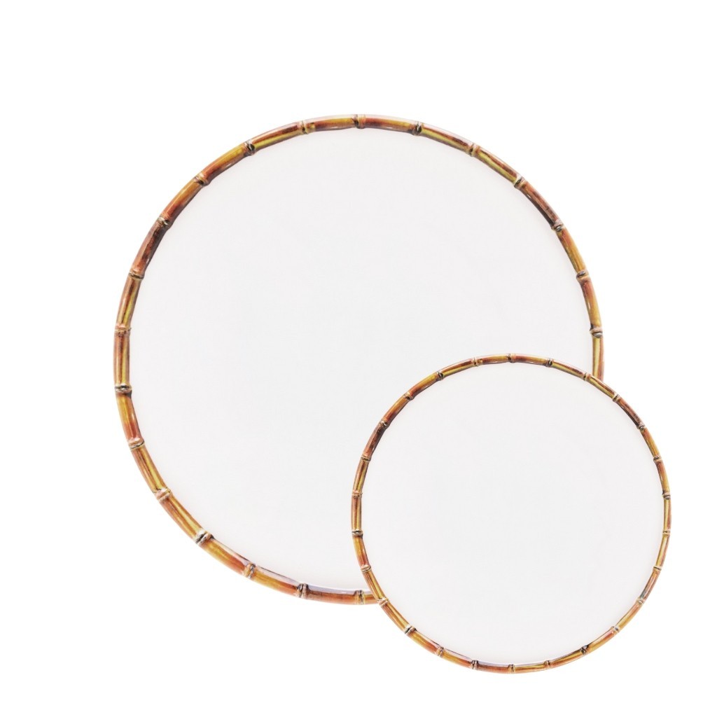 Conjunto Pratos Para Sobremesa & Prato Raso Para Janta De Melamina Borda Bambu