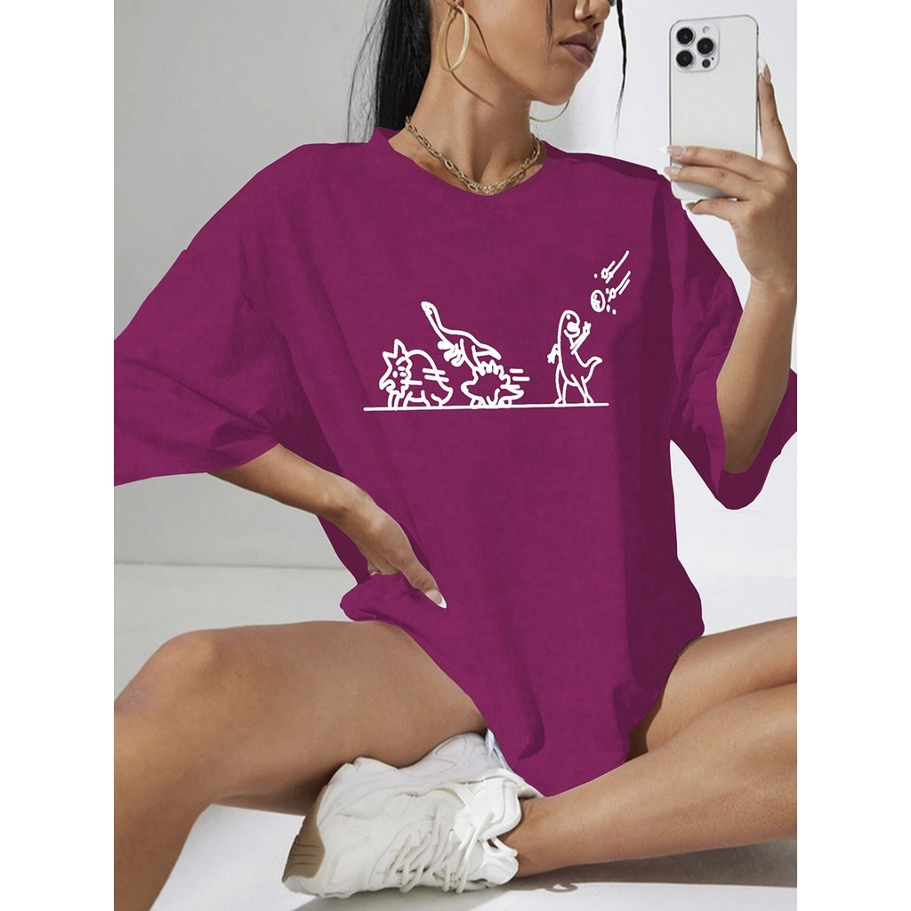 T Shirt Frente Lisa Bordada Camisa Academia Oversized Blusa Casual Estampa Dinossauro Casual