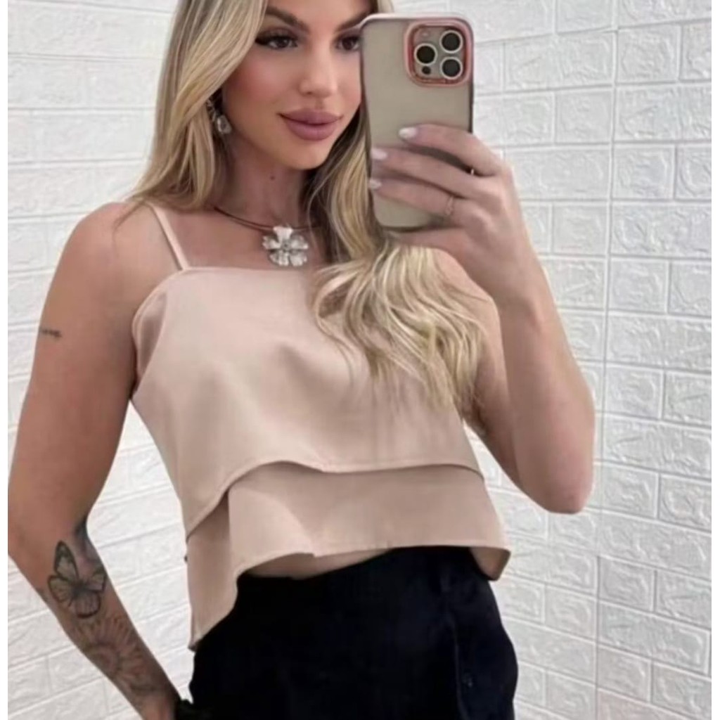 blusa cropped feminina 2 babados de alcinha com amarração tendencia 2025
