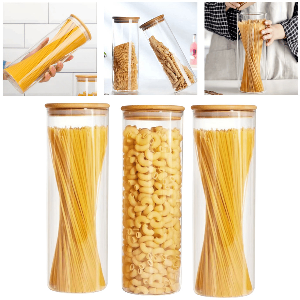 Kit potes de vidro 2L tampa de bambu hermético madeira borossilicato porta alimentos macar...