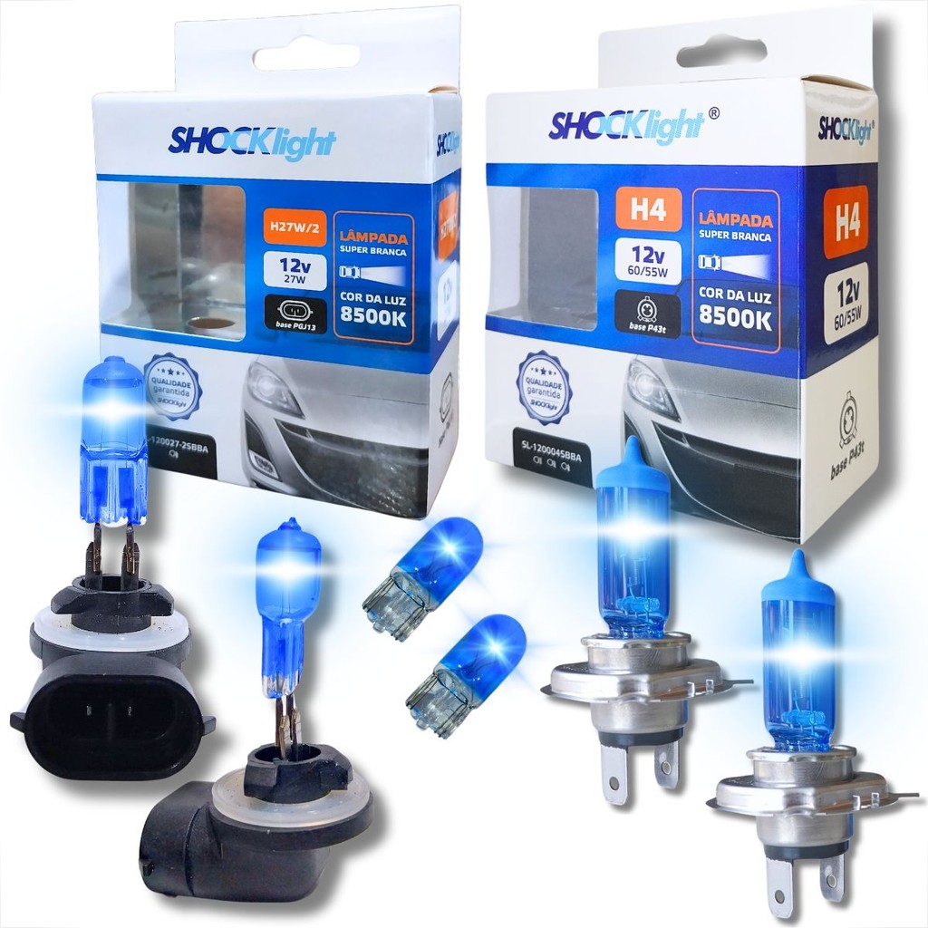 KIT PAR LÂMPADAS SUPER BRANCA H4 + H27 8500K + PAR PINGO T10 UNIVERSAL SHOCKLIGHT