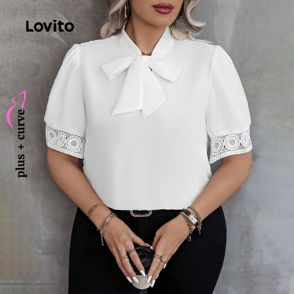 Detalhes do (Trendy) Lovito Blusa feminina de renda com trança lisa elegante Plus Size  LBL22662