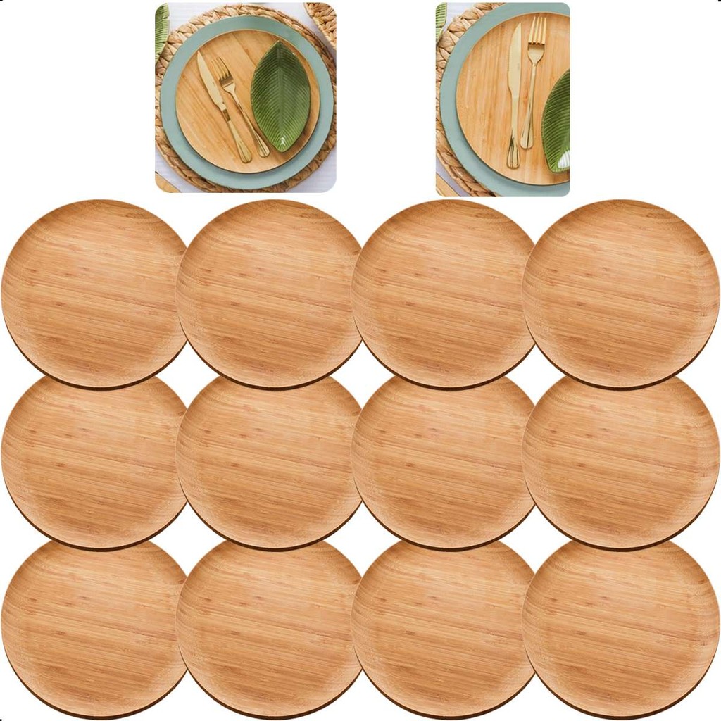 Jogo 12 Pratos Rasos de Bambu Natural Verona Almoço Jantar Petiscos Mesa Posta 27cm - Lyor