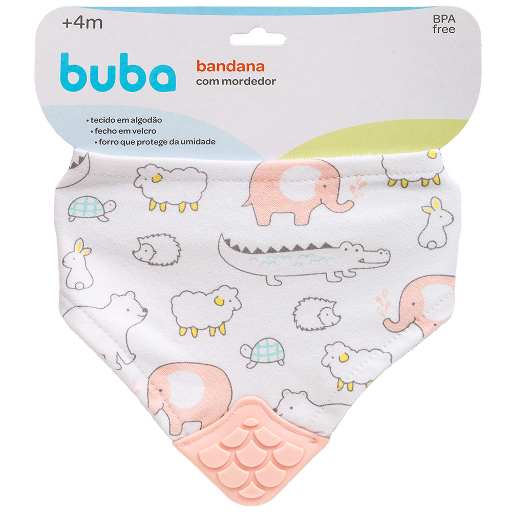 Bandana Babador Com Mordedor Massageador Dentes Gengiva Algodão Infantil Bebe Rosa Menina Buba