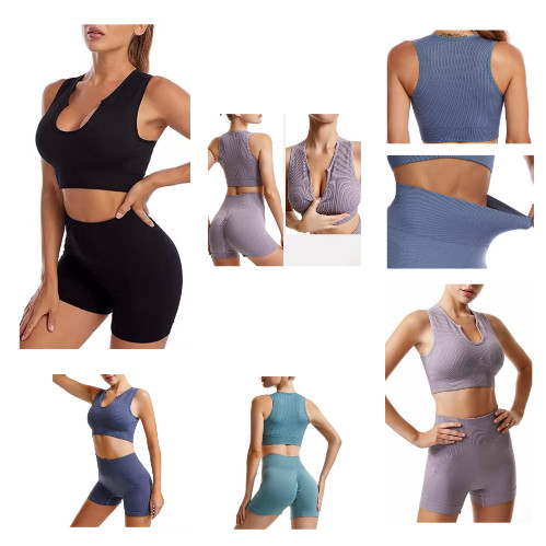 KIT 10 Conjunto Academia Short Cos Alto Levanta Bumbum Top Feminino Com Bojo E Decote Em U