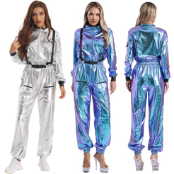 MSemis Feminino Astronauta Role Play Outfit Traje De Halloween Metálico Brilhante Simulado Pescoço Manga Longa Macacões