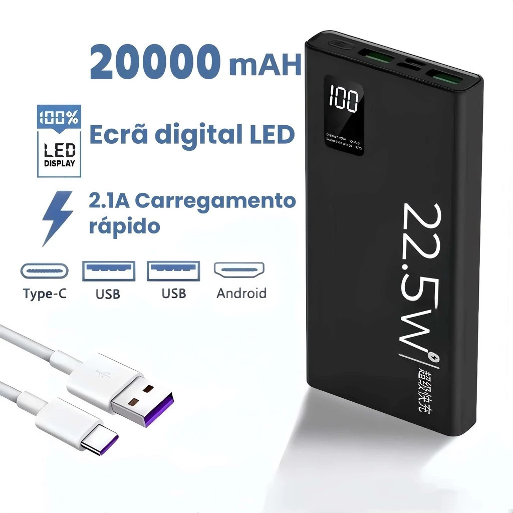 Carregador Portátil Portátil De 20000mAh Carregador Rápido Para Celular De 22W Com Display LED