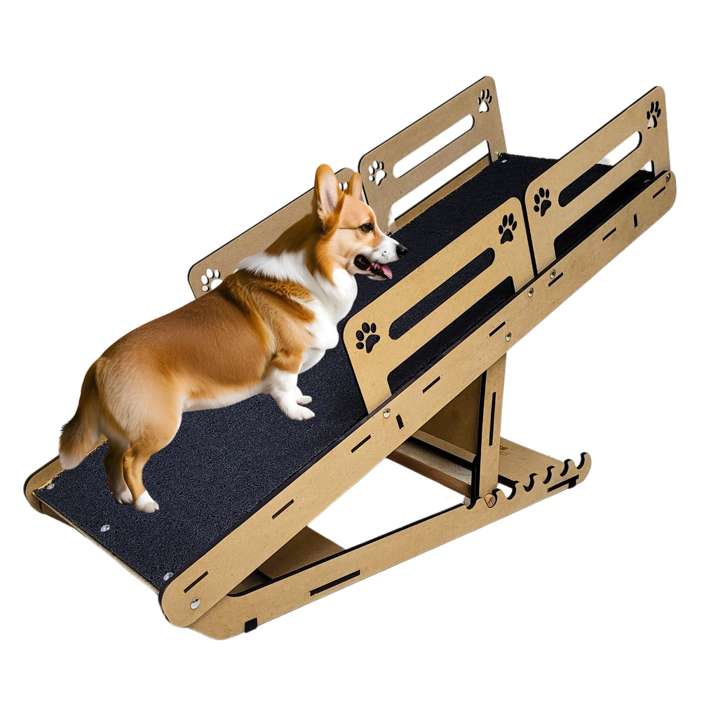 Rampa Pet Regulável 7 níveis de Altura Natural Capacho Antiderrapante Guarda Corpo de Segurança