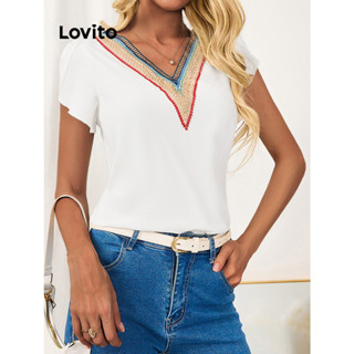 Lovito Elegante Blusa Feminina Lisa com Babados e Fita de Contraste LBL09032