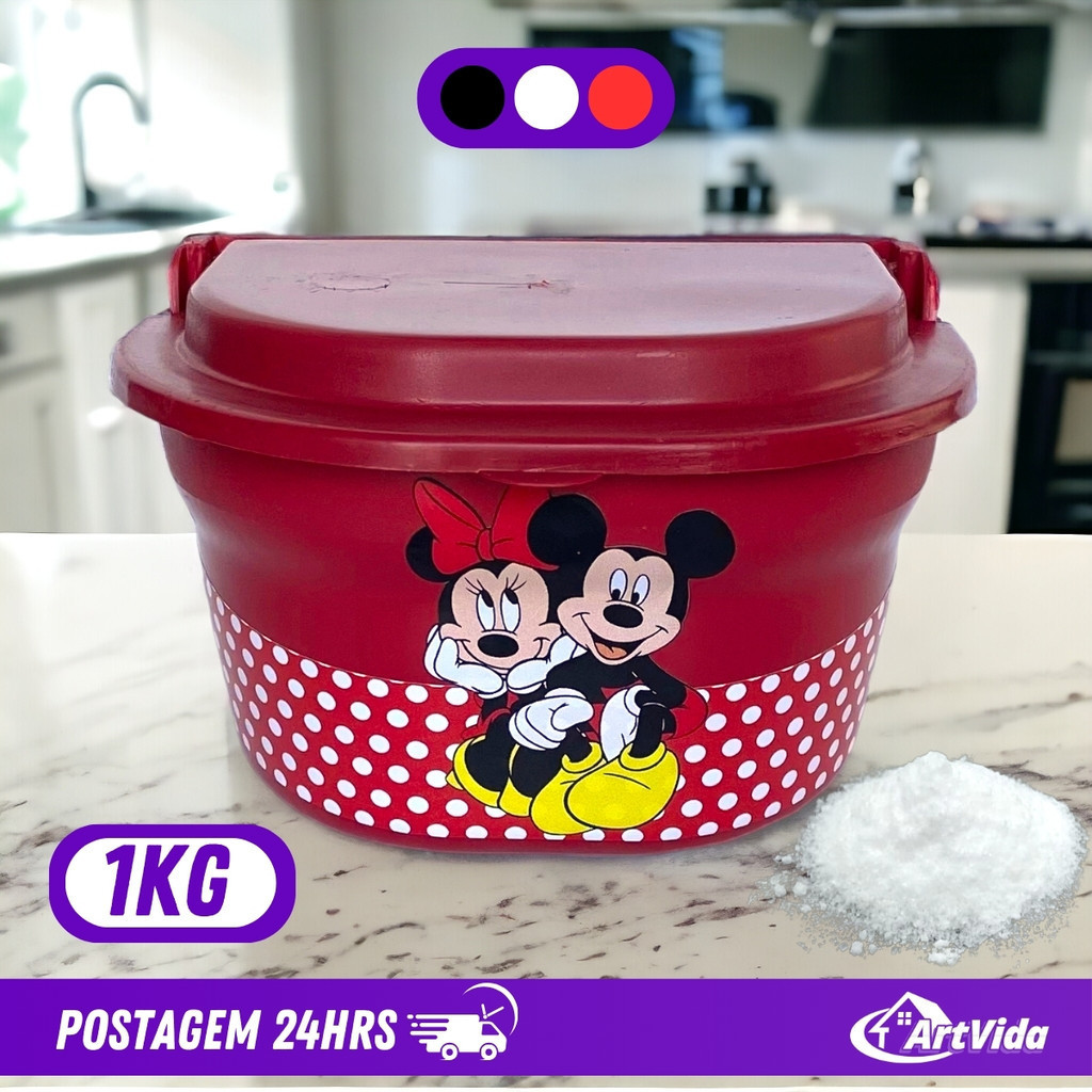 Saleiro Decorado Mickey Minnie, Capacidade 1KG, Design Elegante e Funcional Multiuso, Tampa fecha e abre fácil, Resistente à Água, Ideal para Uso Cotidiano em Cozinhas, Guarda Condimentos de Forma Prática e Segura – ArtVida