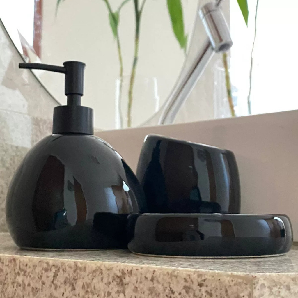 Kit Banheiro Lavabo Cerâmica Acessórios Preto 3 Peças