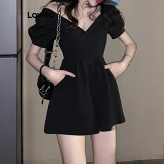 Lovito Casual Macacão Feminino Simples Plissado LNE37116 (Cinza/Preto)
