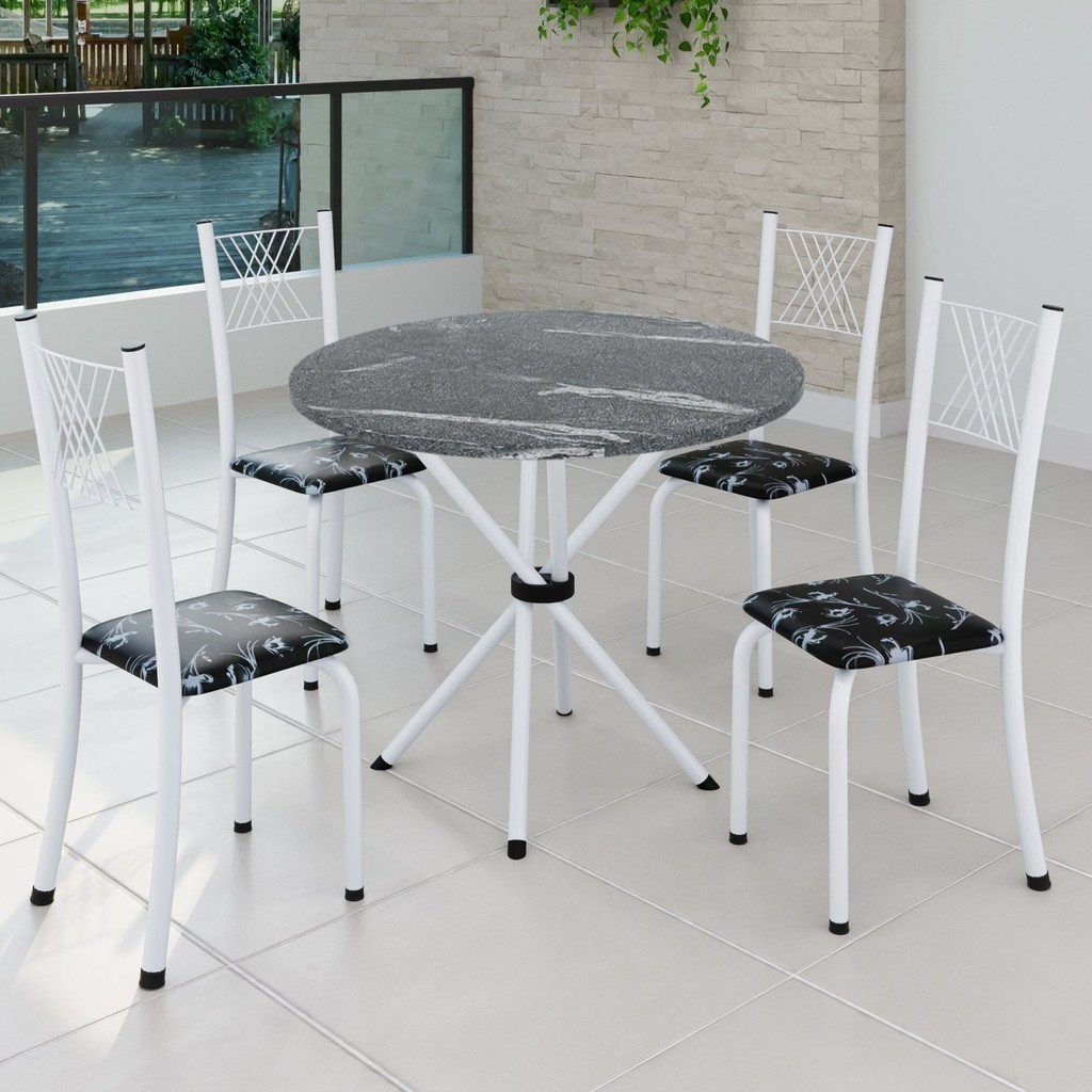 Conjunto de Jantar Mesa Tampo Redondo de Granito Topázio com 4 Cadeiras Sara Yescasa Branco/Preto Floral em Oferta na Shopee