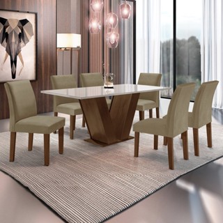Conjunto Sala de Jantar 1 Mesa 160x80cm Tampo Mdf/vidro 6 Cadeiras Espanha Yescasa Chocolate/Off White/Veludo Areia em Oferta na Shopee