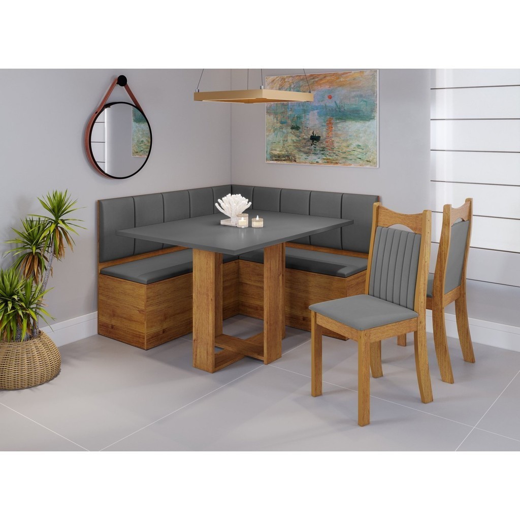 Conjunto Canto Alemão Baú América com Mesa de Jantar Retangular 1,20x80 e 2 Cadeiras Dalas Mel/Grafite - Home & Living