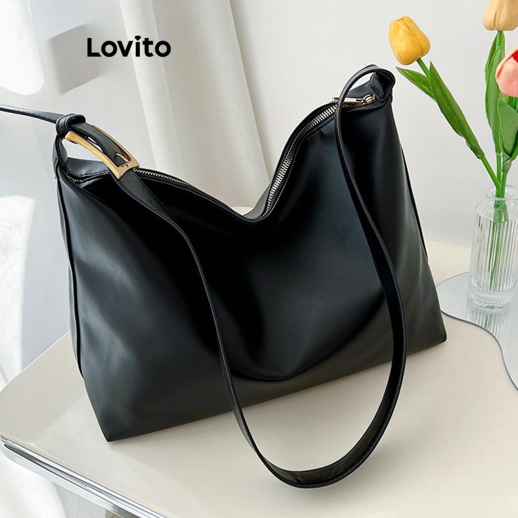 (Trendy) Lovito Bolsa de ombro ajustável casual com zíper liso de alta capacidade Bolsa para mulheres LFA27460 em Oferta na Shopee