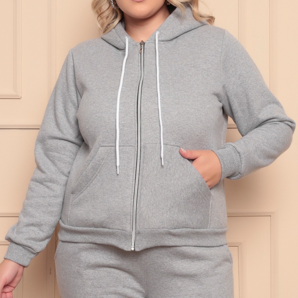 Blusa Moletom De Frio Feminina Plus Size Com Ziper ,Capuz e Bolso — imagem 2 de 2