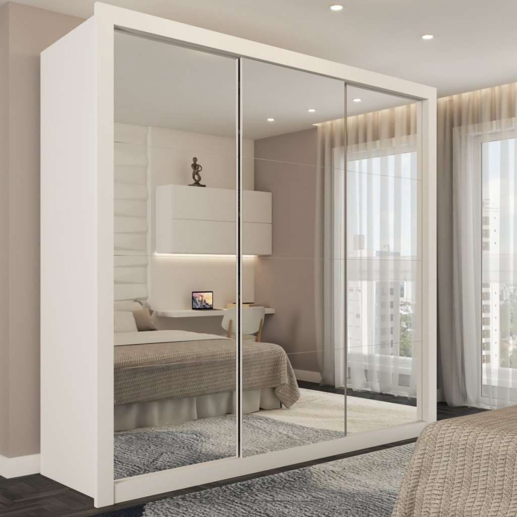 Guarda-Roupa Solteiro Ilhabela 3 Portas de Correr 4 Gavetas Espelhado Branco - Panorama Móveis em Oferta na Shopee