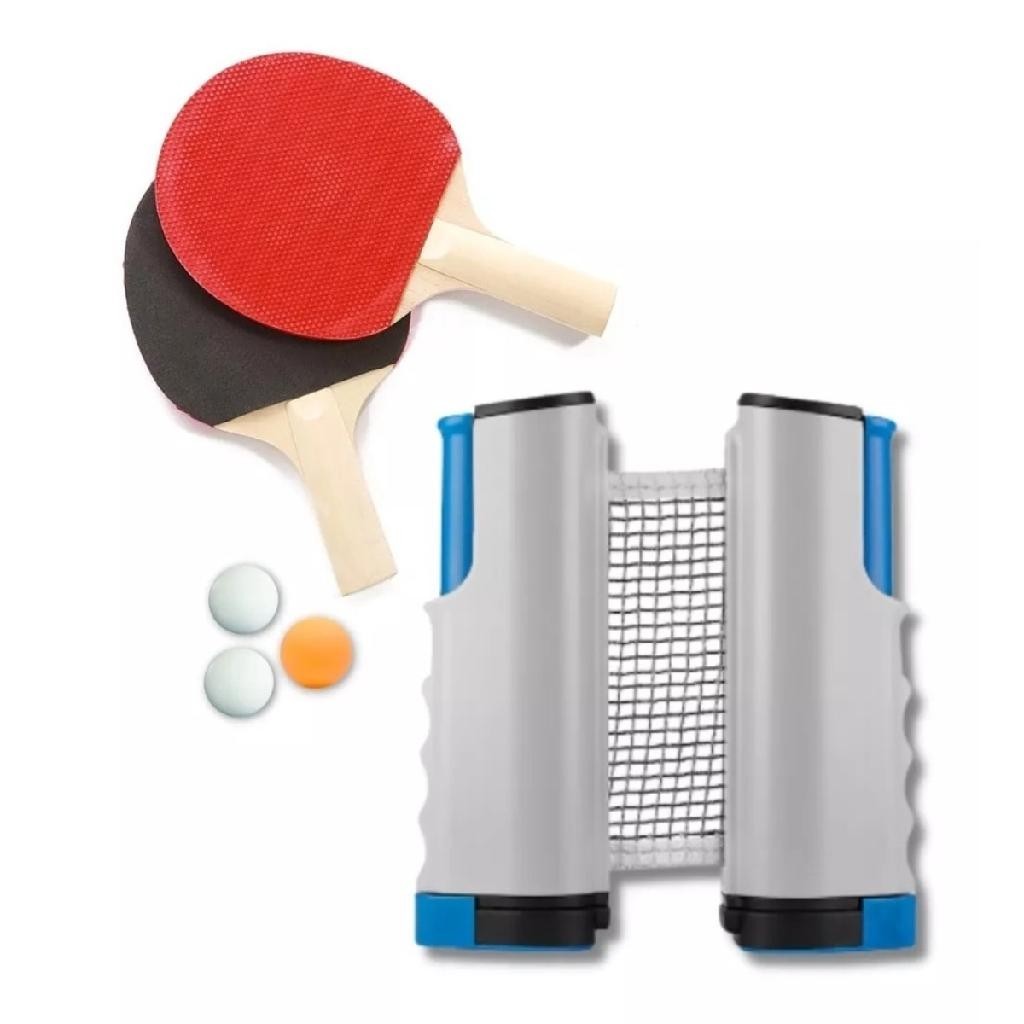 Kit Tênis de Mesa / Ping Pong: 2 raquetes + 3 bolas + 1 rede retrátil