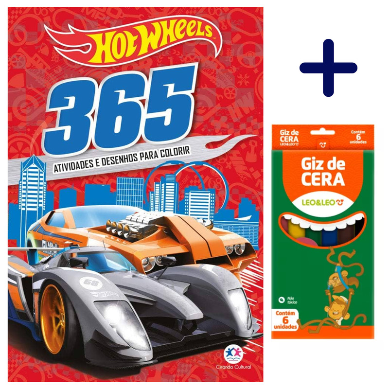 Livro Hot Wheels 365 Atividades e Desenhos + Caixa de Giz de Cera Para Colorir Crianças