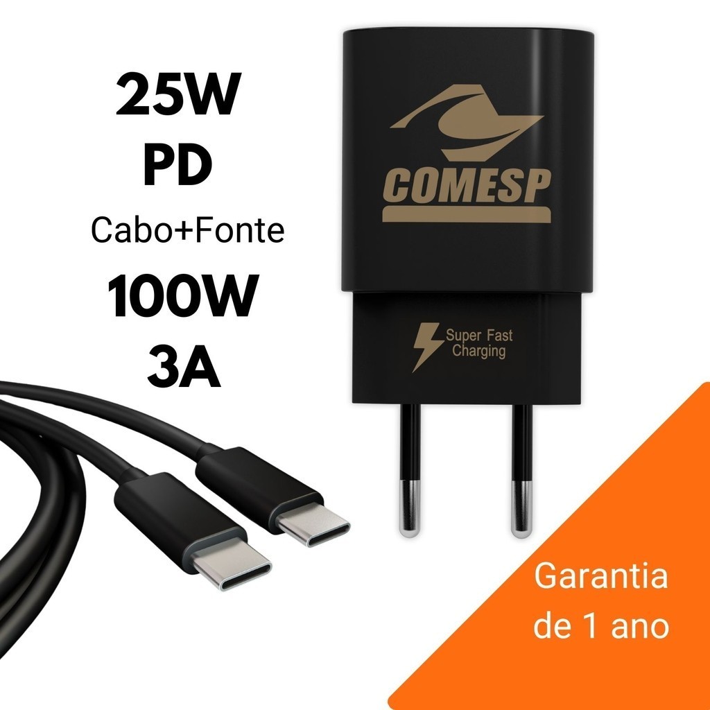 Kit Carregador Fonte Turbo 25W + Cabo USB-C/USB-C 100W 3A – Universal PD Rápido