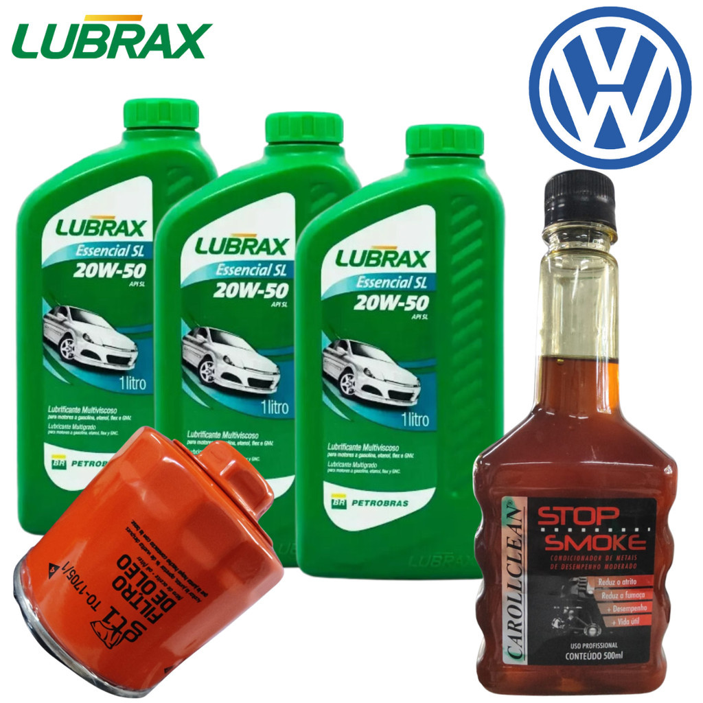 KIT TROCA DE OLÉO 3 LITROS 20W50 LUBRAX + FILTRO MOTOR VW + ADITIVO STOP SMOKE