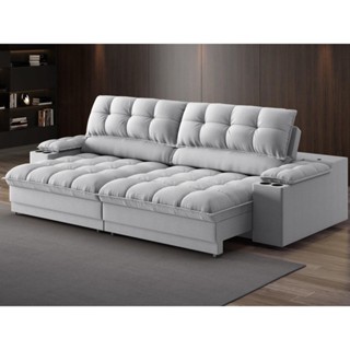 Sofá com Porta Copos e Carregador USB Ret Rec Luke 2,50m Linho Soft Prata - NETSOFAS em Oferta na Shopee