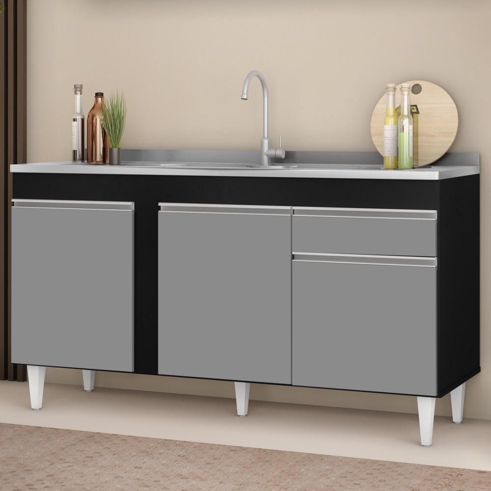 Balcão Gabinete com Pia Inox 150cm 3 Portas 1 Gaveta Dakota Preto/Cinza - Lumil em Oferta na Shopee