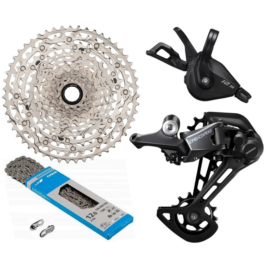 KIT SHIMANO DEORE M6100 1X12V 4 PÇS- CÂMBIO TRASEIRO + ALAVANCA + CASSETE 10/51D (MICRO SPLINE) + CORRENTE 126 ELOS em Oferta na Shopee